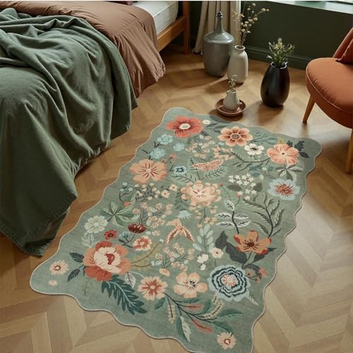 DCX Vintage Floral Rug 3x5, Washable Sage Green Rug for Living Room, Kid & Pet Friendly with Rubber Back Non Slip, Soft Low Pile Carpet, Stain Resista