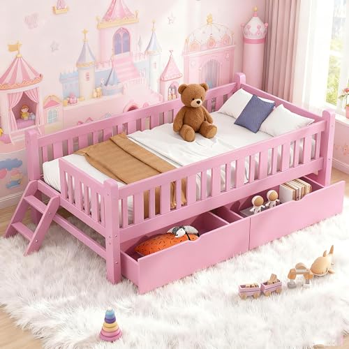 Bellemave Twin Size Kids Montessori Bed with Stairs,Solid Wood Twin Size Kids Bed Frame with Storage Drawers for Girls Boys,Low-Profile,Pink by Bellemave - Used condition - Image 2