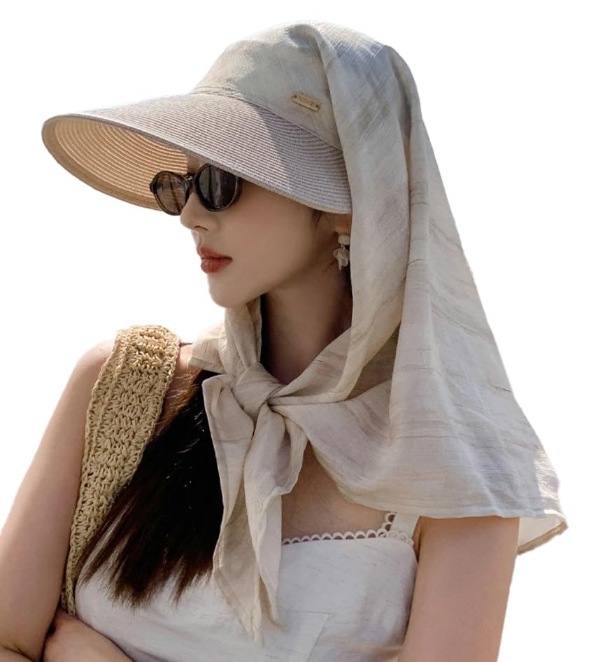 Womens Wide Brim Sun Hat with Headscarf and Shawl 3 in 1 Summer Floppy Visor Hats Shawl with Neck Flap Headband 2026 Beige