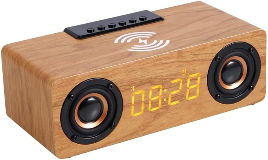 Wooden Digital Alarm Clock Speakers 10W Fast Charger Station for Bedroom Sleep Timer