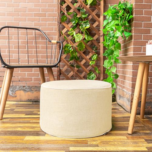 Beawelkomjo Outdoor Ottomans for Patio Pouf Waterproof Fade-Resistant Ottoman Foot Rest for Outdoor - Ottoman Chair Filled with High-Density All-in-One Foam, 20" D x 14" H Inches (Linen, Round)