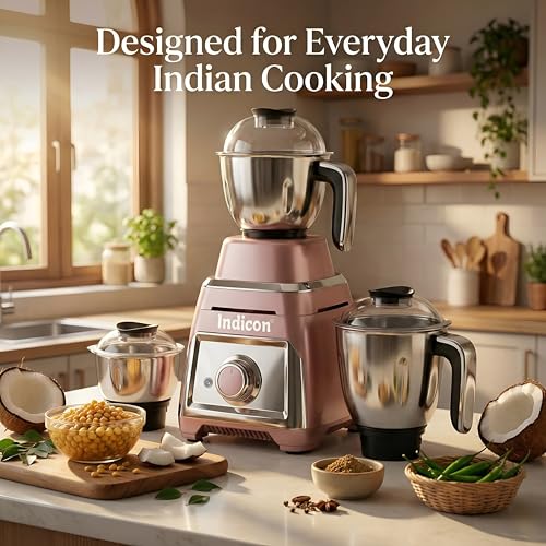 Image of indicon Thar 1HP (1000 Watts) Mixer Grinder, 3 Jars, Black | Heavy Duty Copper Motor for Grinding, Blending & Mixing | Stainless Steel Blades, Multi-Speed, Durable Kitchen Power Tool (Rose Gold)