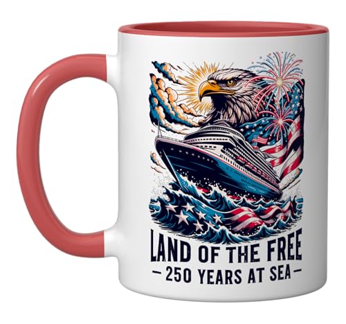 Land of the Free - 250 Years at Sea USA 4th of July Cruise Ceramic Mug, Red/White