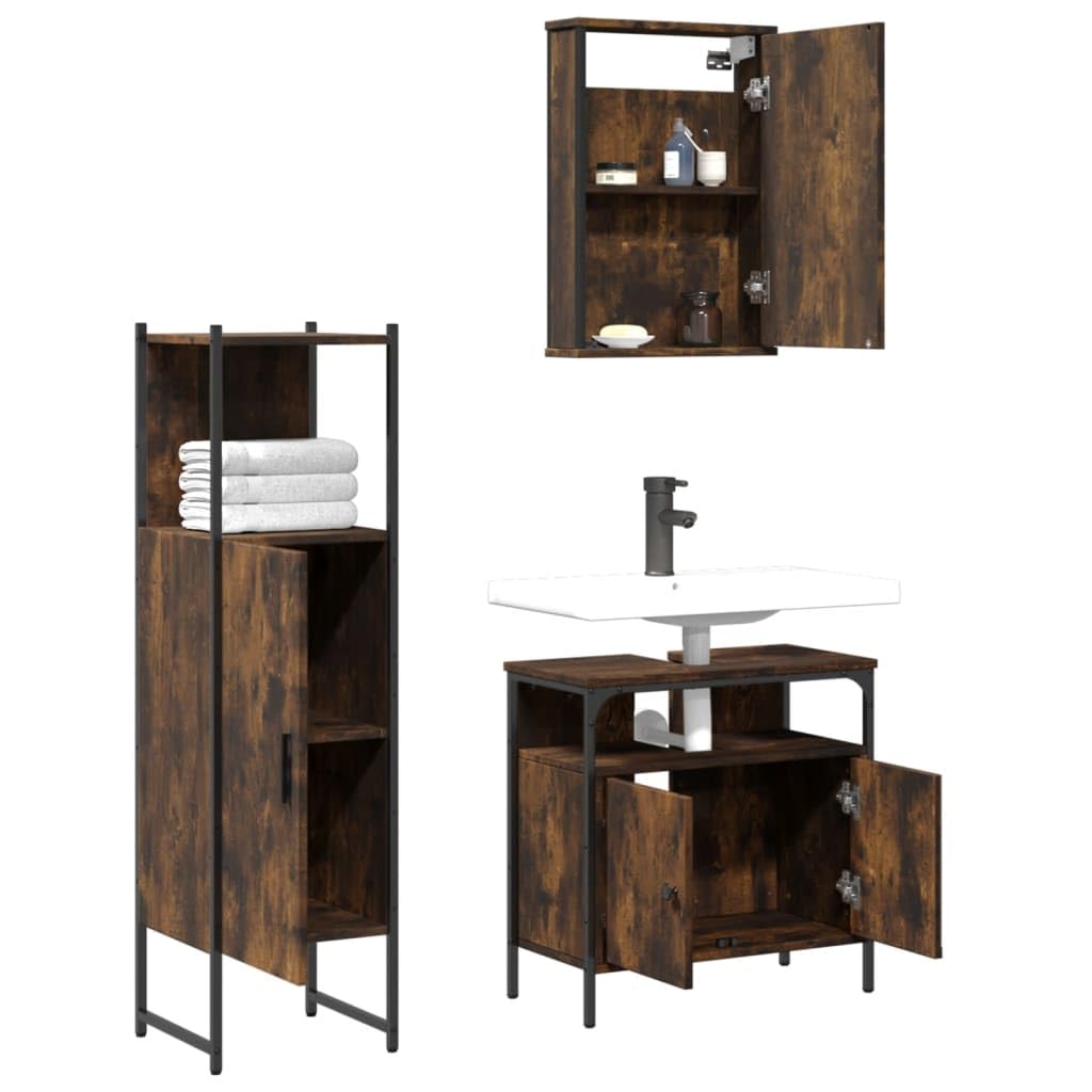 Set di 3 mobili da bagno con armadietto a specchio, effetto rovere
