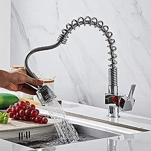 Grifo de cocina con ducha, doble función, extraíble, latón cromado, resorte en espiral, Palanca única, agua fría y caliente