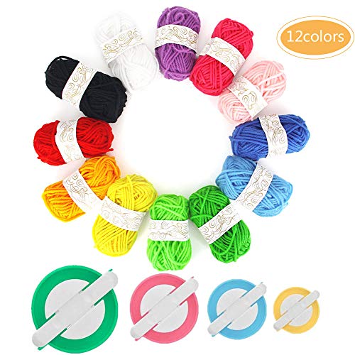 Faxco 4 Size Pompom Maker Fluff Ball Waver with 12 Colours Skeins Acrylic