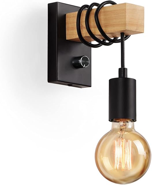 Glighone Industrial Wall Light Dimmable Wooden Wall Lamp Vintage Wall Sconces with Switch E27 Edison Indoor Lighting Fixtures for Kitchen, Bedroom, Dining Room, Living Room, Hall