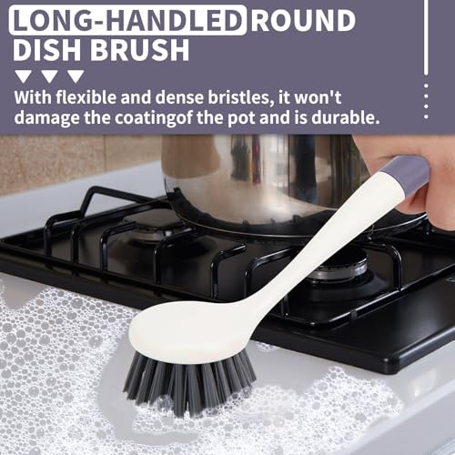 Image of Xicennego 3 Pack Kitchen Cleaning Brush Set,1 Pot and Dish Cleaning Brush with Long Handle,1 Kitchen and Bathroom Brush with Scraper Strip, 1 Hard-Bristled Brush for Sink, Countertops, Tiles(Grey