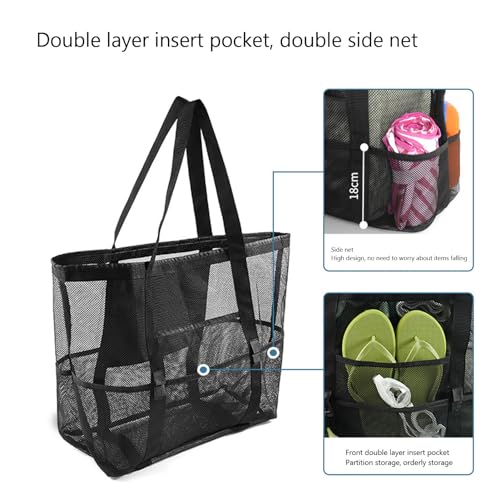 Black Mesh Beach Bag, Extra Large Mesh Beach Tote Bag, Lightweight Beach Shoulder Handbag Pool Bags for Beach Travel Picnic Shopping3