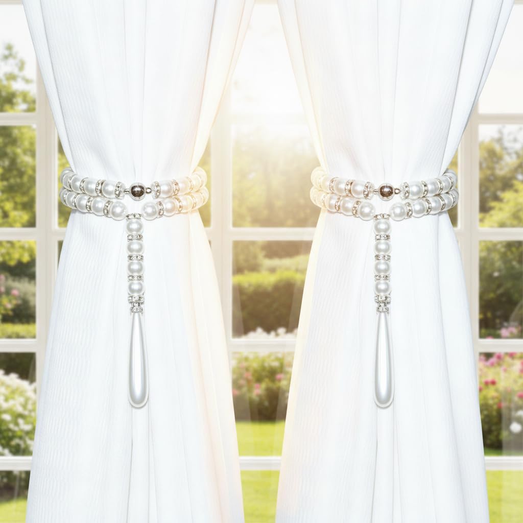 Magnetic Curtain Tiebacks, 2pcs K9 AB Color Crystal Prism Beaded Suncatchers Rainbow Maker Pendants Sheers/Draperies Holdbacks for Window Home Office Decor (Clear Pearl)