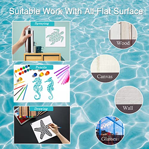 9Pcs Mermaid Sea Turtle Jellyfish Dolphin Skeleton Fish Stencils Sea Animal Tropical Template Hawaiian Palm Tree Beach Ocean Creatures Stencils For Painting On Wood Diy Craft Wall Décor (Sea Turtle) #TOP2