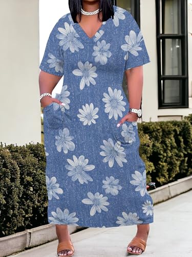 Image of SUZONANA Plus Size Denim Print Maxi Dresses for Women Casual V Neck Short Sleeve with Pockets Soft Jean Look Dress XL-6XL