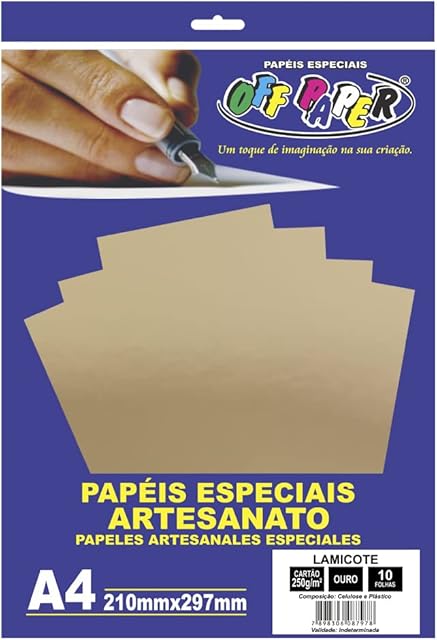 Papel Lamicote Ouro A4 250G, OFF PAPER, Pacote com 10 folhas