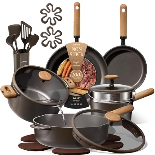 Image of CAROTE Pots and Pans Set Non Stick, 21PCS Cookware Set with Strainer Lid, Induction Cooking Set with Kitchen Utensils, Dark Green