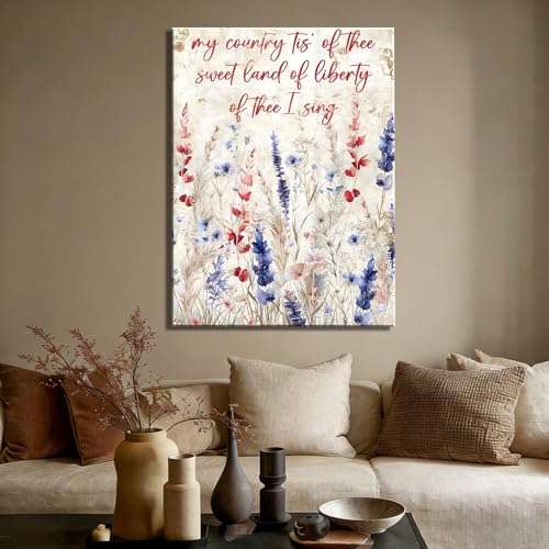 Image of Made in USA Patriotic Framed Canvas Wall Art, My Country Tis of Thee Quote Canvas Print, Red White Blue Floral Wall Decor for 4th of July, Independence Day Home Decoration,24x36in