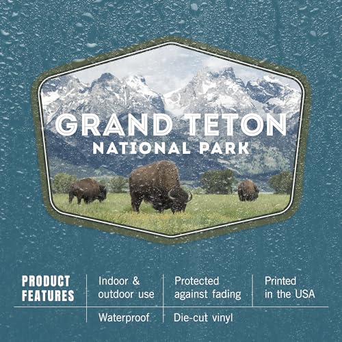 Image of Die Cut Sticker Grand Teton National Park, Wyoming, Buffalo and Mountain Scene, Vinyl Sticker, (Waterproof Decal for Cars, Water Bottles, Laptops, Coolers), Large