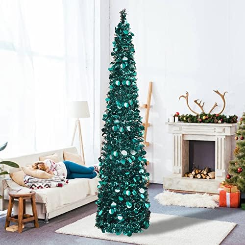 5ft Pop Up Valentines Day Tree Artificial Christmas Tree,Pencil Tinsel Trees for Home Decorations Indoor Holiday Party WOKEISE(Green&Blue)