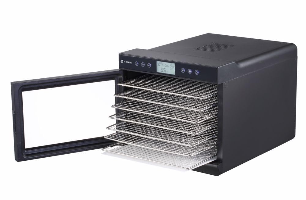 HENDI Dörrautomat, mit 7 Gittern, ideal zum Dörren von Obst, Gemüse und Fleisch, Digitales Bedienfeld, Timer, Temperatur einstellbar von 35ºC bis 70ºC, 230V/460W, 345x450x(H)315mm, Polypropylen