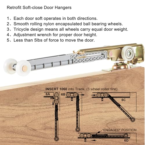 Image of 2 Set Pocket Door Soft Close Top Hanger Assemblies Fit for Johnson P /N #1060 & #1062, Works with 100, 134F, 138F, 2610F Series Track, 1 inch Nylon Ball Bearing Tri-Wheel, Bi-Direction