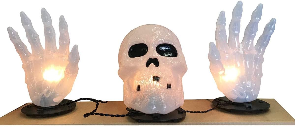 Light up Skull and Skeletal Hands Ground Breaker Decoration Indoor/Outdoor (White Light)