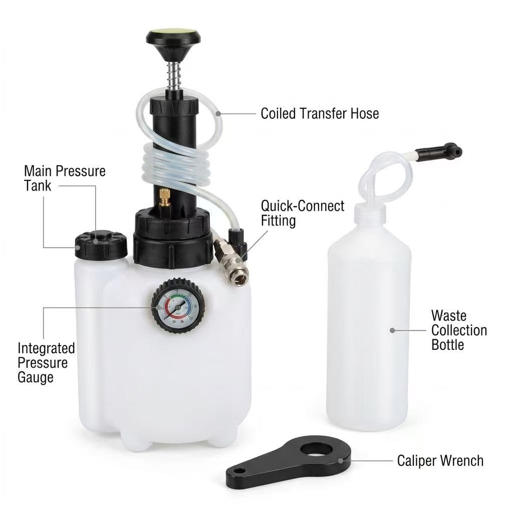 DHA Bremsenentlüftungsgerät 3L Bremsflüssigkeitswechselgerät Auto Bremsenentlüfter Druckluft Set mit 1 Liter Absaugbehälter E20 Adapter und Universal Bremsentlüftungsadapter