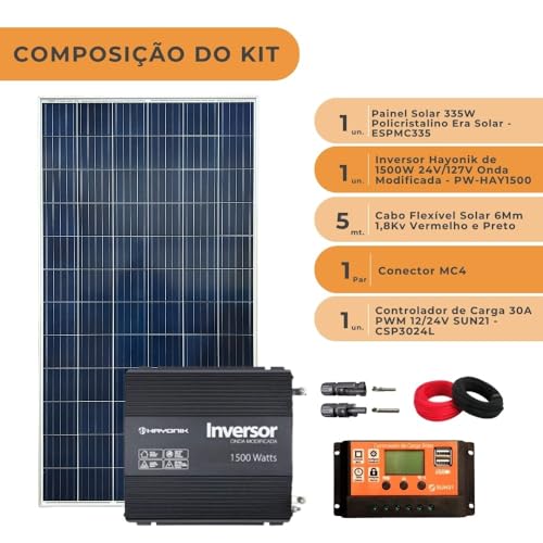 Genérico Kit Solar Off-Grid 335W com Inversor 1500W 24V/127V Alta Eficiência Azul, Preto, Vermelho E