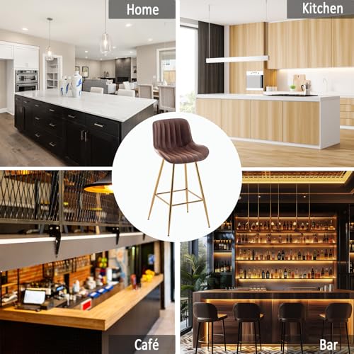 Image of Sidanli Velvet Bar Stools Set of 2, Armless Bar Chairs with Gold Metal Legs, 29inch Counter Height Kitchen Island Stools with Back, Brown
