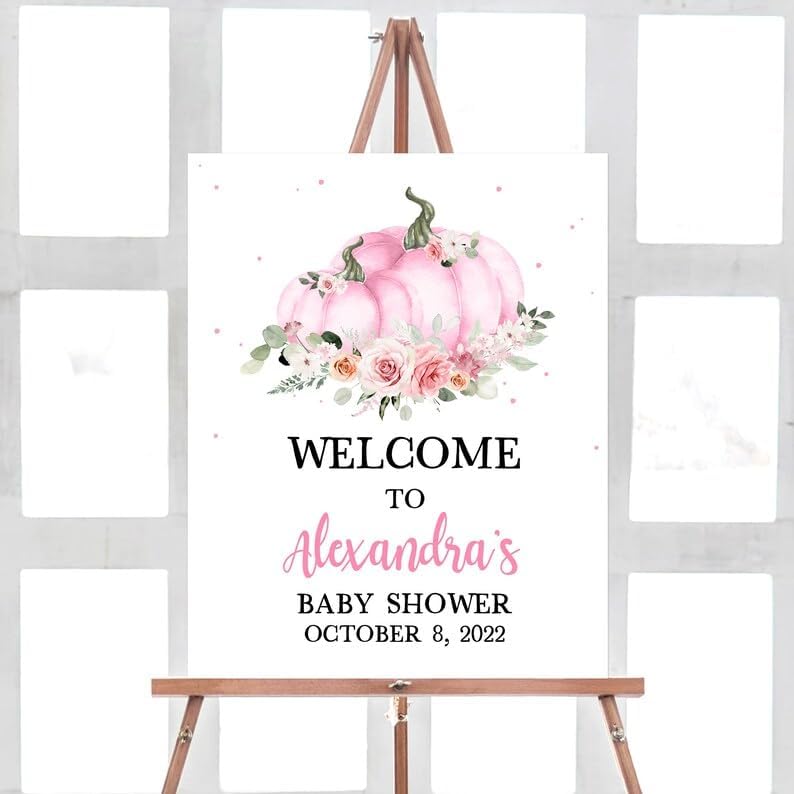 Miniatura 1 de Letrero de bienvenida personalizado para baby shower de niña, letrero de bienvenida de calabaza rosa para baby shower, letrero de bienvenida de