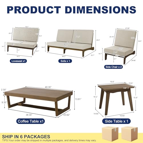Image of Pia Ricoo 6-Piece Patio Furniture Set, Outdoor Sectional Sofa with Loveseat, 2 Chairs, Coffee Table & Side Table, All-Weather Conversation Set for Backyard /Deck /Lawn - Light Camel
