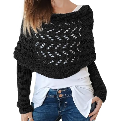 Icegrey Bufanda multifuncional con mangas para mujer, bufanda de punto con mangas, Chal para Mujer cálida de invierno, Bufanda Tipo suéter con Mangas para Mujer, Negro