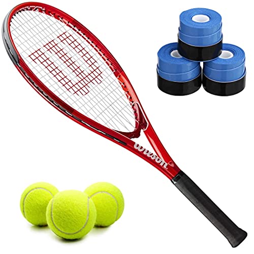 Wilson Pro Staff Precision XL 110 Tennis Racquet Bundled with a 3 Pack of Blue Racket Overgrips and a Can of Tennis Balls - Lightweight Frame with Power and Durability