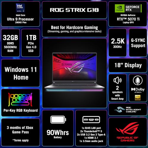 Image of ASUS ROG Strix G18 Gaming Laptop, 18 inch ROG Nebula Display 16:10 2.5K 300Hz /3ms, NVIDIA GeForce RTX 5070 Ti, Intel Core Ultra 9 290HX Plus, 32GB DDR5, 1TB PCIe Gen4 SSD, Wi-Fi 7, Win11 Home, G815LR-DB96