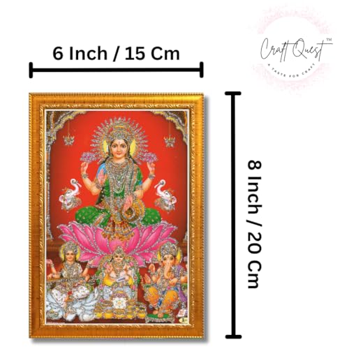 Image of CRAFT QUEST Lakshmi Devi with ganesh ji and saraswati mata Wall Painting Photo Frame for Diwali Pujan (Synthetic, Golden, Sparkle Finish, Small Size, 8 X 6 Inch)
