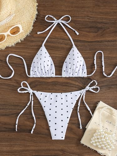 Image of Tainehs Women's Sexy Halter Thong Bikini Tie Two Sides Bottom Triangle Bikini Swimsuits