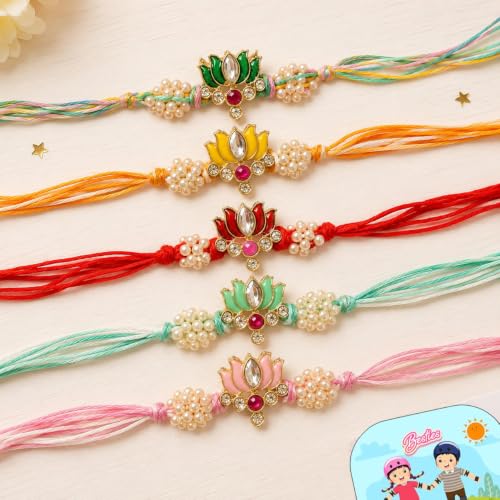 Image of CraftVatika Set of 5 Floral Designer Rakhi Set for Brother Boy Man Bhai, Lotus Rakhi Gift Combo Set for Bhaiya & Sister Bracelet with Tilak & Fridge Magnet Gift, Rakhis for Raksha Bandhan