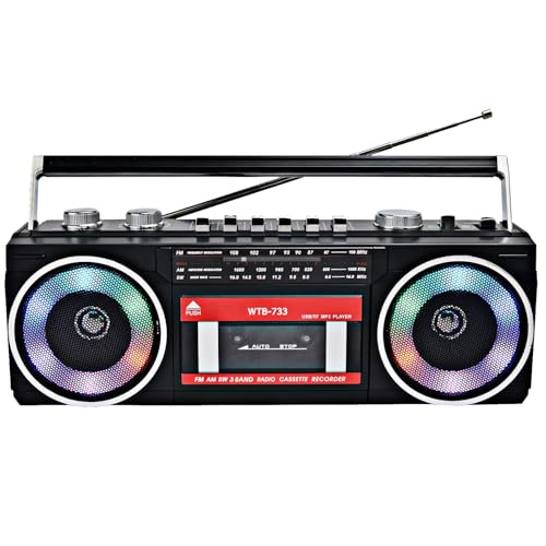 Retro 80s Cassette Player Recorder with AM/FM/SW Radio Bluetooth Boombox USB Built-in MIC for Voice Recording RGB Colorful Lights Headphone Jack AC or Battery Powered
