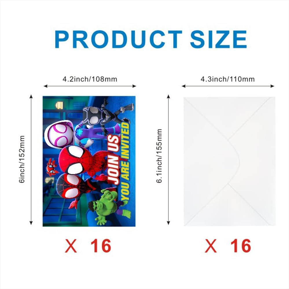 BNFUO 16pcs Spider and His Friends Birthday lnvitation Cards Gift Cards with Envelopes for Spider and His Friends Theme Party Supplies