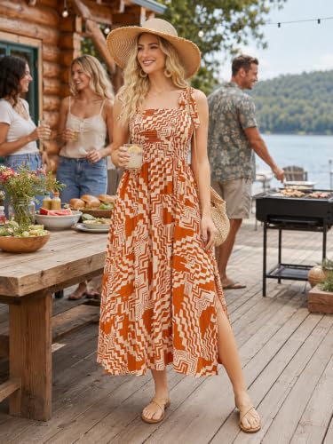 Image of BROVAVE Women Summer Floral Dress: Casual Square Neck Flowy Boho Beach Midi Sundress Sleeveless Tie Shoulder Vacation Daily