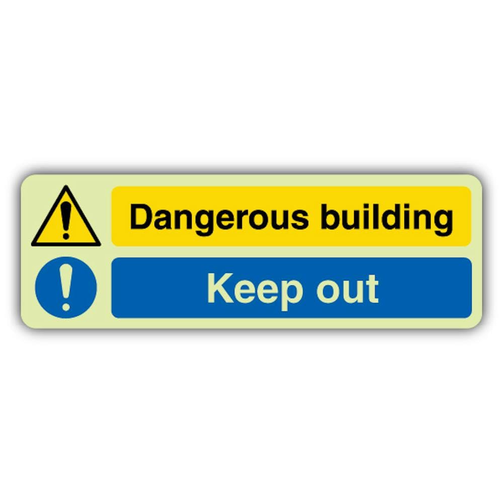 V Safety Glow In The Dark Dangerous Building - Señal de advertencia de peligro - 750 x 250 mm - Hecho de vinilo autoadhesivo de doble brillo - Señalización de advertencia de peligro - Fabricado en