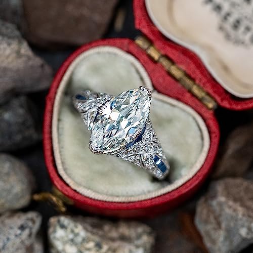 Hsitgexf Vintage Court Style Marquise & Baguette Cut Cubic Zirconia Simulated Diamond & CZ Simulated Ring White Sapphire Wavy Channel Engagement Ring for Women Size 6-103