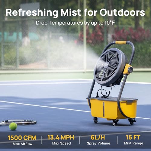 TURBRO Cordless Misting Fan with 11L Tank, High Pressure Spray Nozzles, 15ft Mist Range, Up to 50 Hours Run Time with Rechargeable Battery, 360° Swivel Wheels, Ideal for Patio, Pool and Outdoor Use