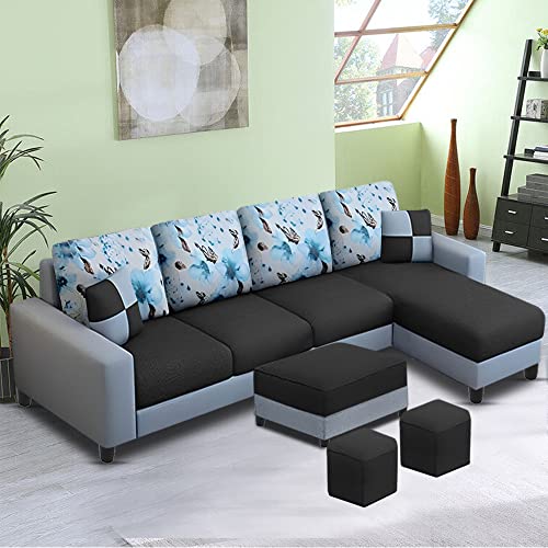 Image of Orland 8 Seater RHS L Shape Sofa with Center Table & 2 Puffy | Color - (Black Grey Fabric)