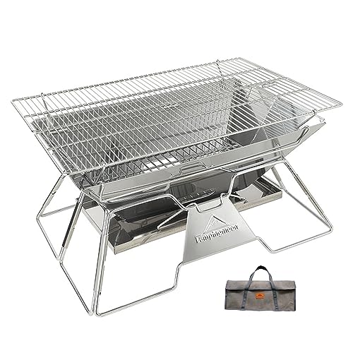 CAMPINGMOON Portable Camping Fire Pit Stainless Steel Foldable Collapsible BBQ Grill Wood Burning Charcoal 20x13-inch with Carrying Bag MT-3