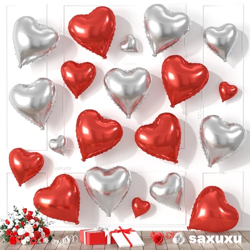 Balões de coração vermelho e prateado, balões em forma de coração, 20 unidades de 5/10/18 polegadas, balões de amor de folha vermelha e prateada para decoração do dia dos namorados, casamento, noivado