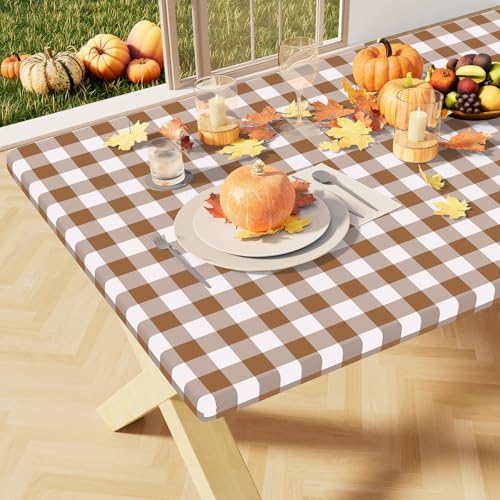 misaya Buffalo Rectangle Picnic Tablecloth, 4 Foot Elastic Fitted Vinyl Table Cloth with Flannel Backing, Waterproof Plaid Table Covers for Dining, Camping, Outdoor (Brown and White, 24" x 48")