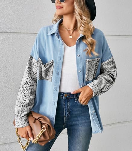 ebossy Women's Spliced Leopard Print Denim Shirt Button Down Casual Jean Jacket Top3