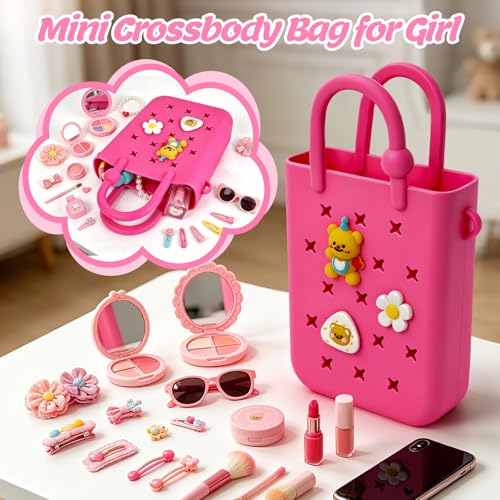 Image of Juyeesm Mini Rubber Beach Bag with Strap & Charms, Waterproof EVA Beach Bag for Girls, Small Rubber Tote Bag for Women