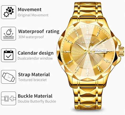 OLEVS Watches for Men Gold Dress Waterproof Men's Watch with Date Day Mens Watch Analog Quartz Stainless Steel Gold Band for Minimalist Large Wrist Luxury Reloj para Hombres - 2