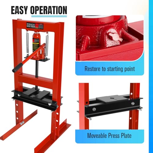 Image of Hydraulic Shop Press 6T, H-Frame Bearing Shop Press, Adjustable Benchtop Shop Press with 2 Press Plates, Adjustable Working Table Height, Red