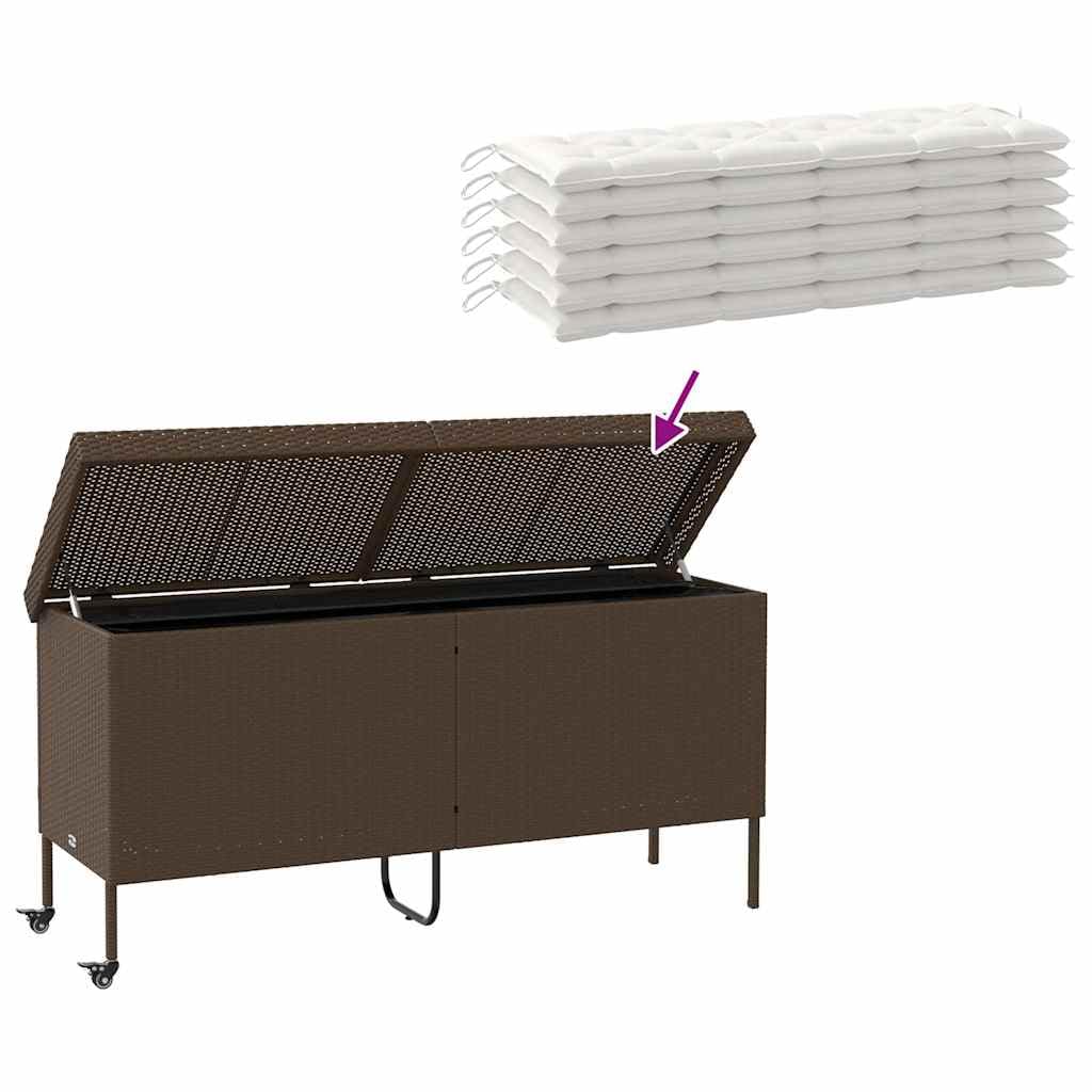 vidaXL Contenitore da Giardino con Ruote Marrone Polyrattan, portaoggetti da Giardino, Contenitore Cuscino da Giardino, Mobile da Giardino